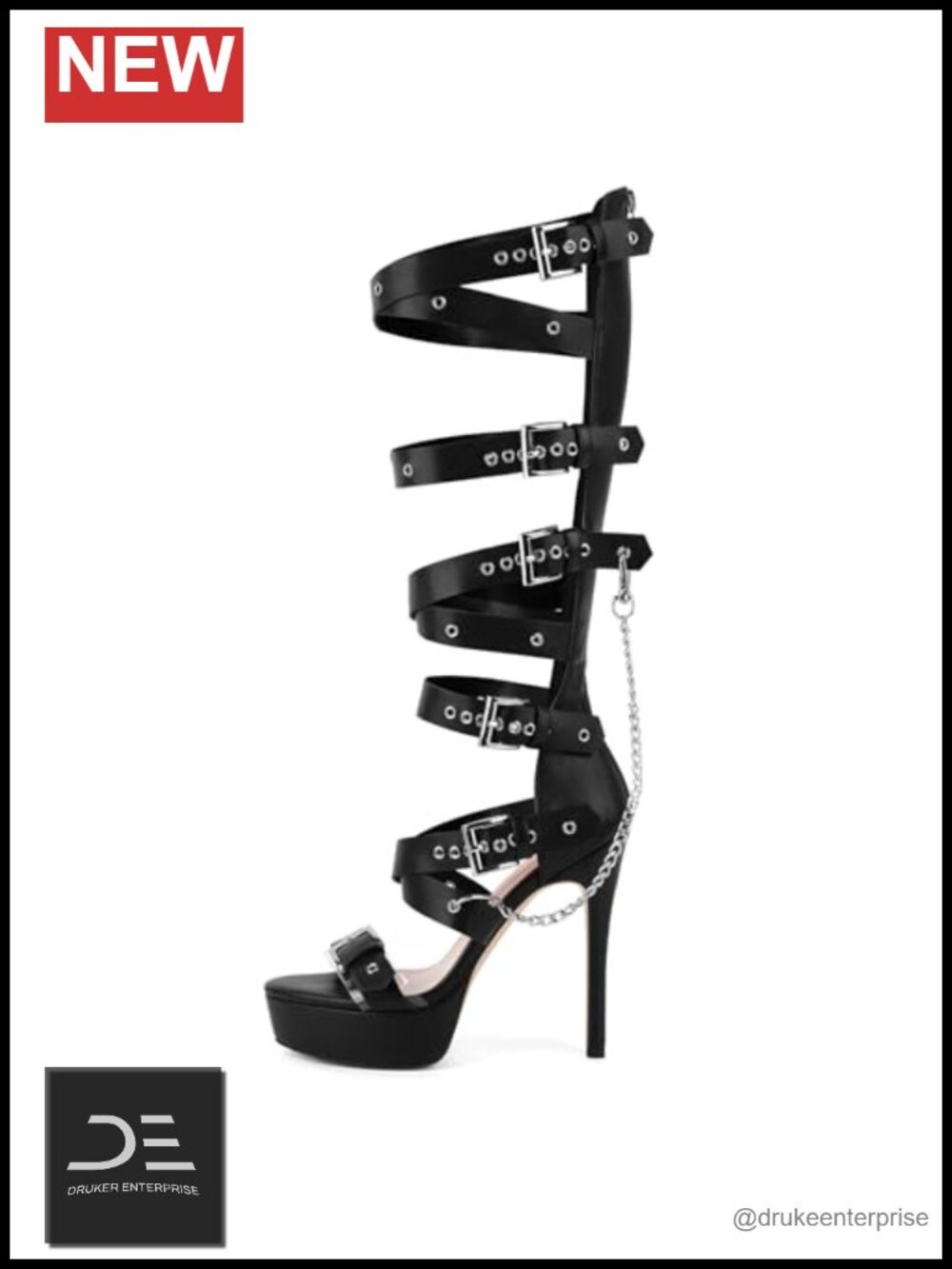 Knee High Gladiator Sandals Platform Stiletto Heels with Straps & Chains